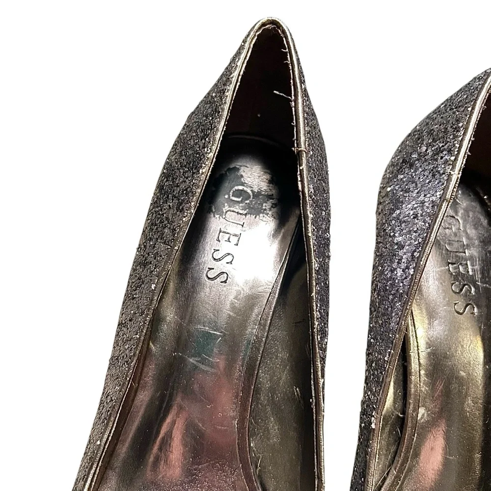 Guess Sparkling Silver Peep Toe Platform Heels Size 8
